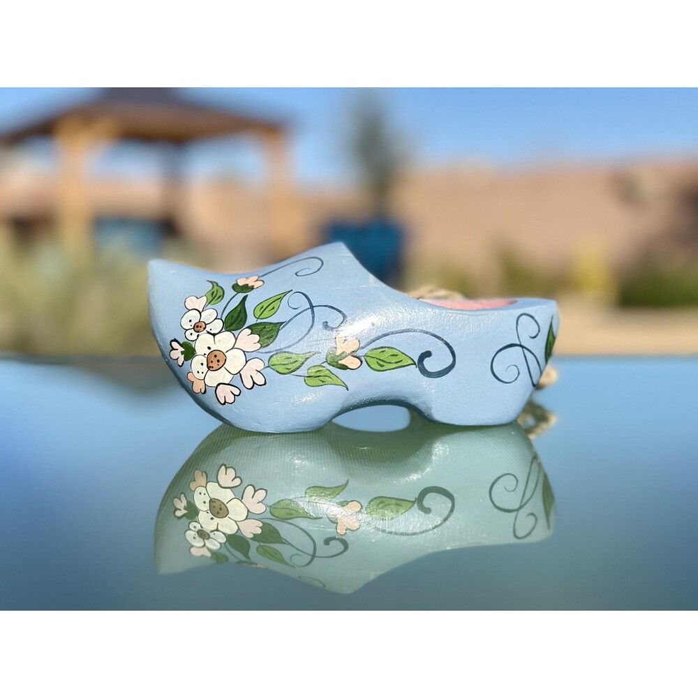Hand-Painted Dutch Wooden Clog Shoe Wall Decor Blue w/ White flowers & leaves